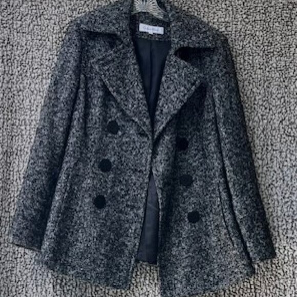 CALVIN KLEIN Black and White Wool Blend Lined Pea Coat - Picture 1 of 8
